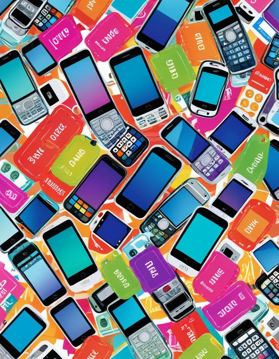 A visually striking collage showcasing a variety of prepaid mobile phones with shimmering screens, colorful price tags indicating savings, and a bold 'No Contract' label in vibrant lettering. Surrounding the phones are coins and dollar bills being saved in a piggy bank, symbolizing financial freedom. Include a background with abstract patterns. vector art. vibrant colors. white background.