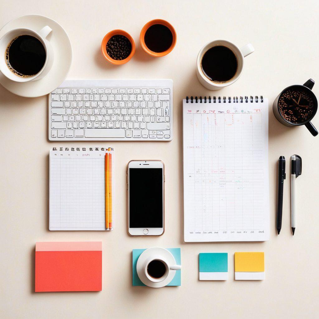 An engaging flat lay of various budget-friendly smartphones scattered across a bright, textured surface, with a stylish notepad displaying tracking charts and graphs beside them. Include vibrant sticky notes with budgeting tips around the phones and a coffee cup in one corner to create a cozy, productive atmosphere. super-realistic. vibrant colors. white background.