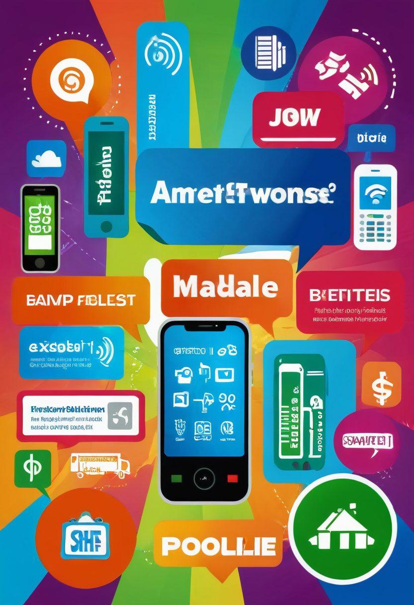 A visually engaging infographic featuring a smartphone displaying the TracFone logo, surrounded by dollar signs and icons representing various budget-friendly mobile plans. Include elements like a happy family using their phones and a bright background showcasing 'Affordable Wireless' in bold letters. The colors should be vibrant and inviting to emphasize savings and connectivity. vector art. vibrant colors. white background.